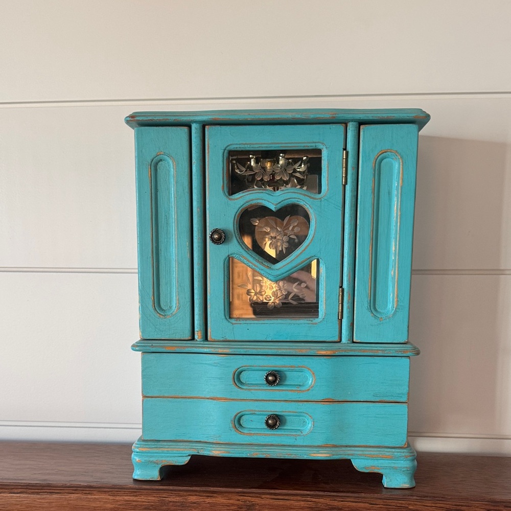 Turquoise Wood Jewelry Box with Heart Window